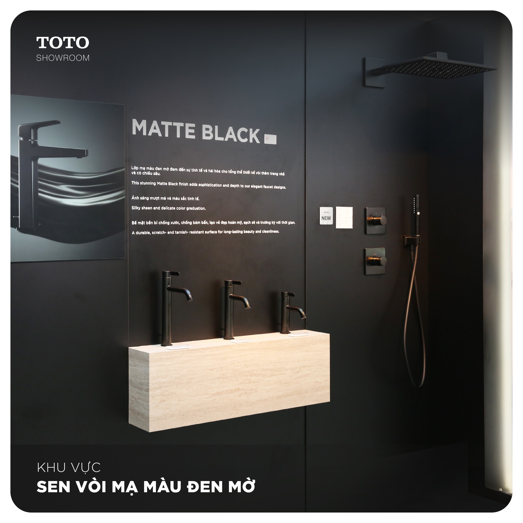 KHông gian trưng bày bộ sưu tập sen vòi mạ màu Matte Black Đen Mờ tại showroom TOTO