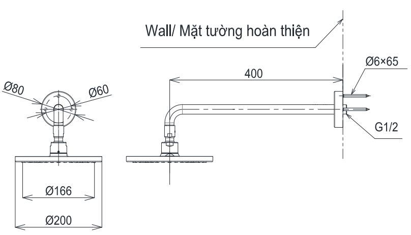 Bản vẽ kĩ thuật của Bát sen trần gắn tường TBW07001A