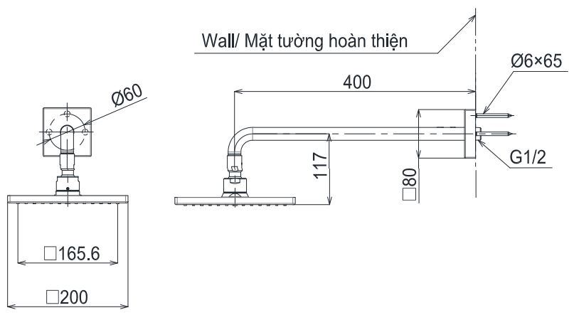 Bản vẽ kĩ thuật của Bát sen trần gắn tường TBW08001A