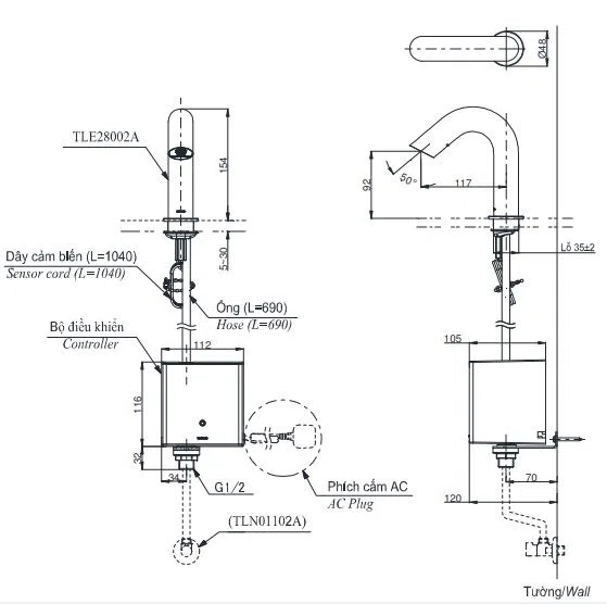 Bản vẽ kỹ thuật Vòi Lavabo Cảm Ứng TOTO TLE28002A Tự Động (TLE28002A)
