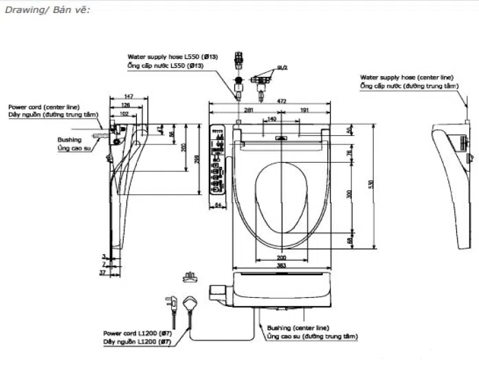Bản vẽ kỹ thuật Nắp rửa điện tử TOTO WASHLET dòng C2 TCF23460AAA#NW1 (giấu dây) (TCF23460AAA#NW1)