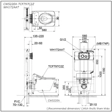 Bàn cầu treo tường CW522EA/TCF797C2Z/WH172AAT/MB171M#SS