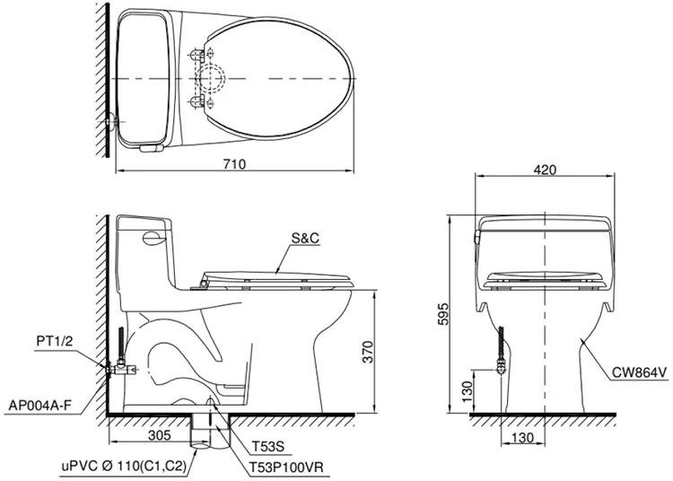 Sửa Nhà Tắm Trọn Gói Cho Không Gian Tắm Hiện Đại - Bồn cầu 1 khối TOTO MS864W11, nắp điện tử Washlet (MS864W11)