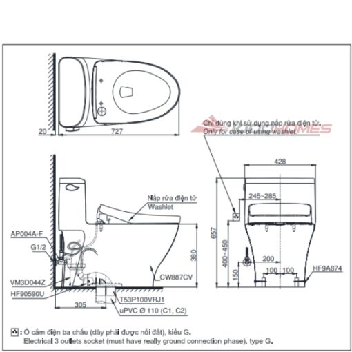 bàn cầu 1 khối kèm nắp rửa điện tử MS887CRW23