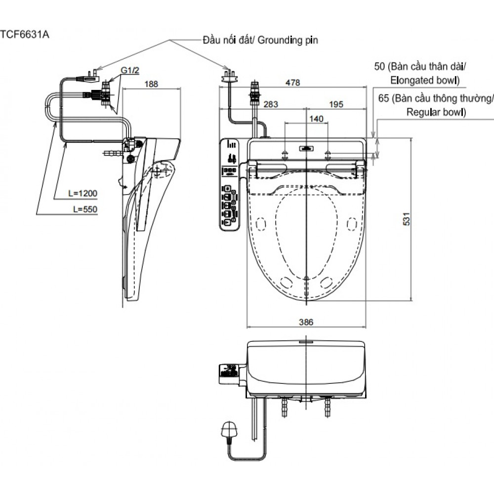 Bản vẽ kỹ thuật nắp bồn cầu điện tử TOTO  TCF6631A