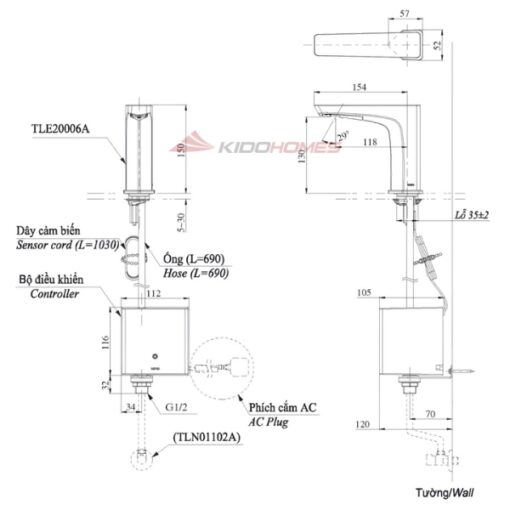 Bản vẽ kỹ thuật của vòi chậu rửa TOTO TLE20006A cảm ứng