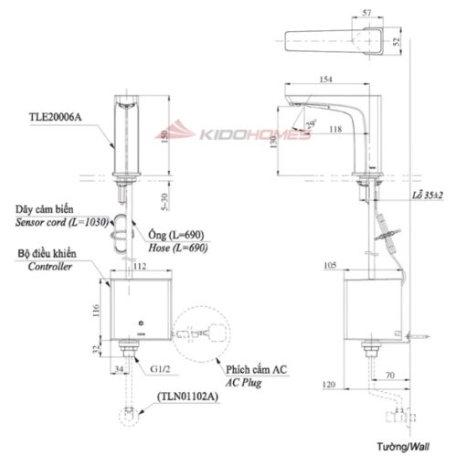 Bản vẽ kỹ thuật của vòi lavabo cảm ứng tự động TOTO TLE21006A