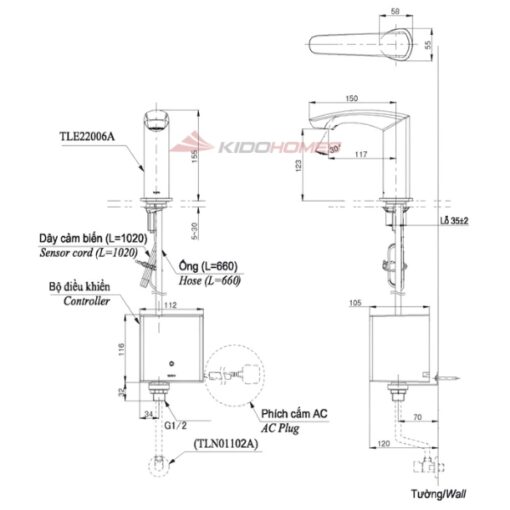 Bản vẽ kỹ thuật của vòi chậu rửa TLE22006A cảm ứng