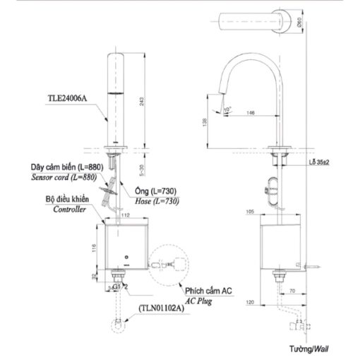 Bản vẽ kỹ thuật của vòi chậu rửa cổ cao cảm ứng TOTO TLE24006A