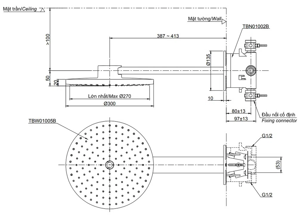 Bản vẽ kĩ thuật của Bát Sen Gắn Tường TOTO TBW01005B