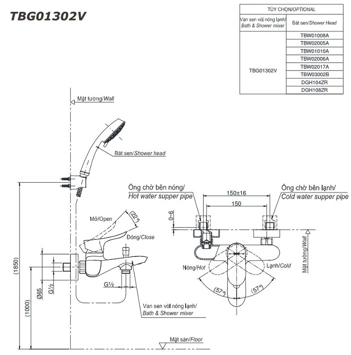 Bản vẽ kỹ thuật Bộ trộn nóng lạnh TOTO TBG01302VA (TBG01302VA)