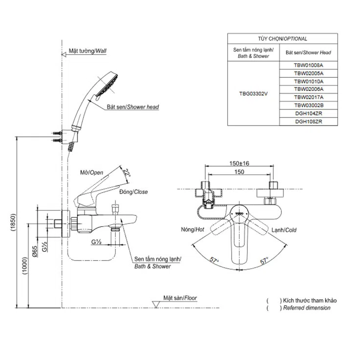 Bản vẽ kỹ thuật Bộ trộn nóng lạnh TOTO TBG03302VA (TBG03302V)