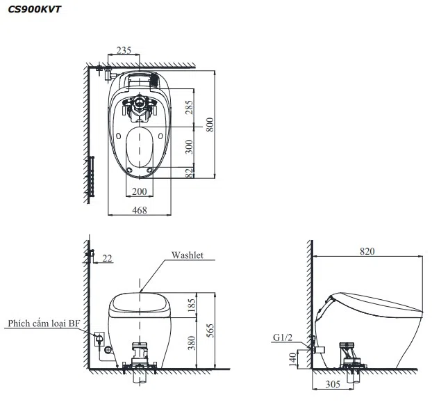Bản vẽ kĩ thuật Bồn Cầu Điện Tử TOTO Neorest CS900KVT/T53P100VR