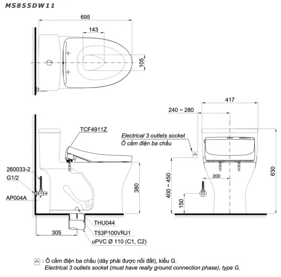 Sửa Nhà Tắm Trọn Gói Cho Không Gian Tắm Hiện Đại - Bồn cầu TOTO MS855DW11#XW (MS855DW11#XW)