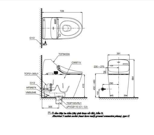Bản vẽ kĩ thuật của Bồn Cầu Thông Minh TOTO C971#XW/TCF9433A#NW1