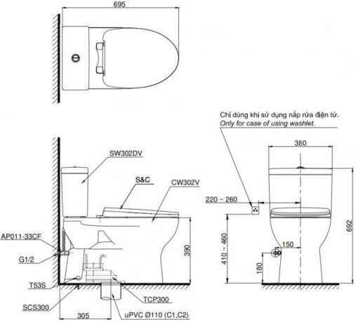 Bản vẽ kĩ thuật Bồn Cầu 2 Khối Nắp Nắp Rửa Eco-Washer TOTO CS302DE2#W