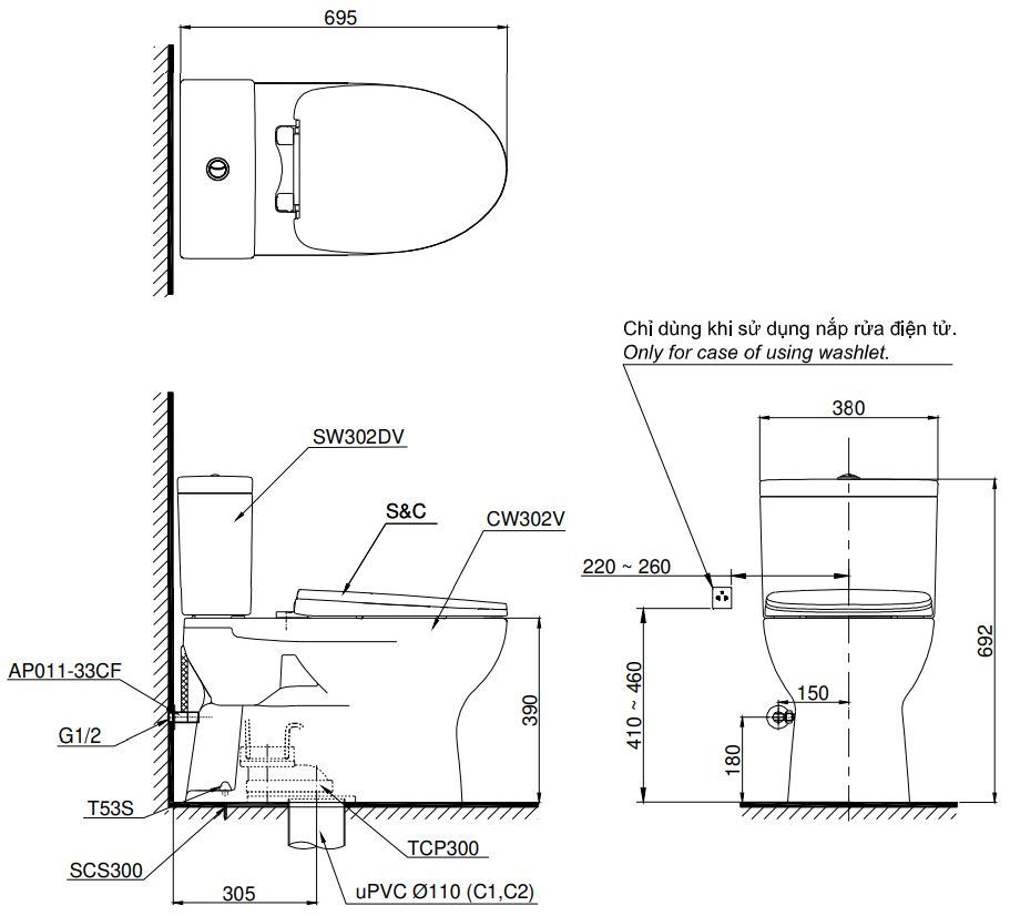 Bản vẽ kĩ thuật của Bồn Cầu 2 Khối Nắp Rửa Điện Tử TOTO CS302DW11#W