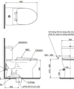 Bản vẽ kĩ thuật của Bồn Cầu 2 Khối Nắp Rửa Điện Tử TOTO CS302DW14#W