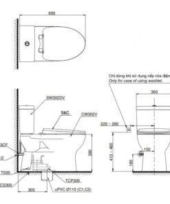 Bản vẽ kĩ thuật của Bồn Cầu 2 Khối Nắp Rửa Điện Tử TOTO CS302DW16#W