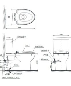 Bản vẽ kĩ thuật của Bồn Cầu 2 Khối Nắp Rửa Điện Tử TOTO CS320PDRW16#W