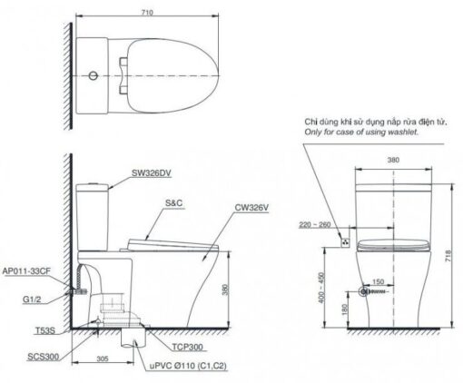 Bản vẽ kĩ thuật Bồn Cầu 2 Khối Nắp Nắp Rửa Eco-Washer TOTO CS326DE2#XW