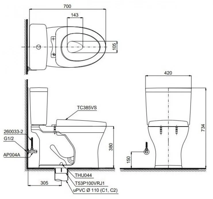 Bản vẽ kĩ thuật Bồn Cầu 2 Khối Nắp Đóng Êm TOTO CS735DT10#XW