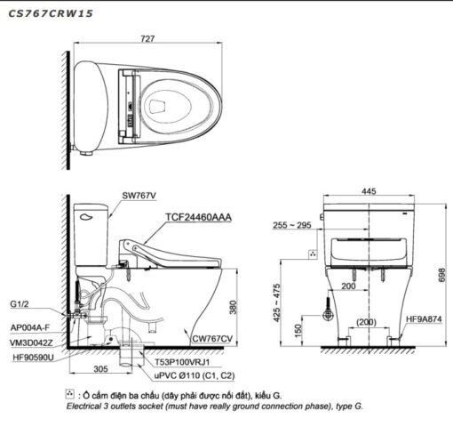 Bản vẽ kĩ thuật của Bồn Cầu 2 Khối Nắp Rửa Điện Tử TOTO CS767CRW15#XW