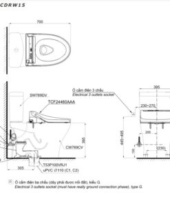 Bản vẽ kĩ thuật của Bồn Cầu 2 Khối Nắp Rửa Điện Tử TOTO CS769CDRW15#XW
