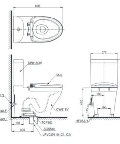Bản vẽ kĩ thuật của Bồn Cầu 2 Khối Nắp Rửa Điện Tử TOTO CS818DW11#XW