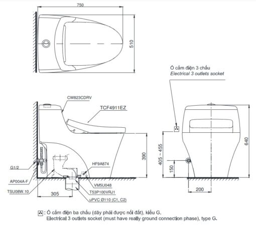 Bản vẽ kĩ thuật của Bồn Cầu 1 Khối Nắp Rửa Điện Tử TOTO MS823CDRW12#XW