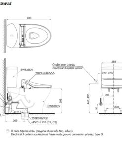 Bản vẽ kĩ thuật của Bồn Cầu 2 Khối Nắp Rửa Điện Tử TOTO CS838CDW15#XW