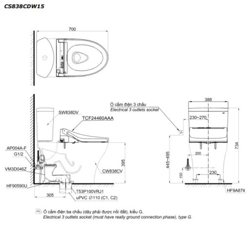 Bản vẽ kĩ thuật của Bồn Cầu 2 Khối Nắp Rửa Điện Tử TOTO CS838CDW15#XW