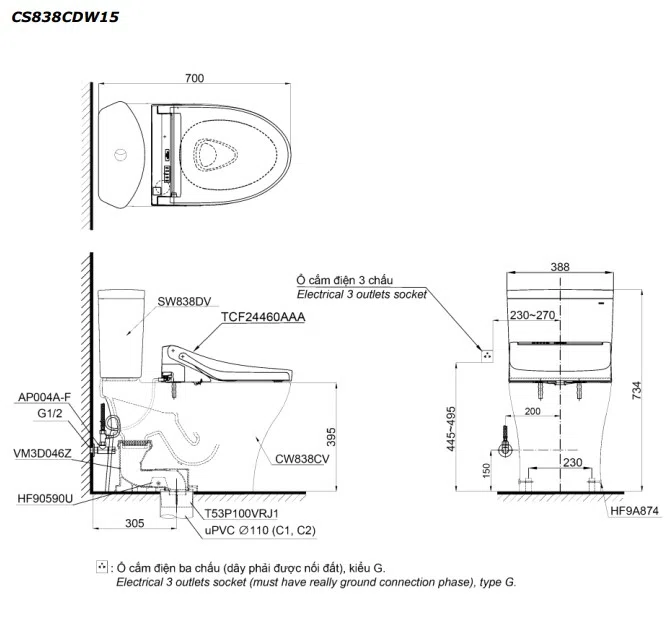 Bồn Cầu 2 Khối Nắp Rửa Điện Tử TOTO CS838CDW15#XW