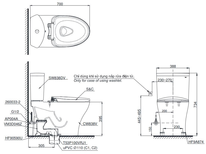 Bản vẽ kỹ thuật của bồn cầu 2 khối TOTO CS838DW11 nắp rửa điện tử