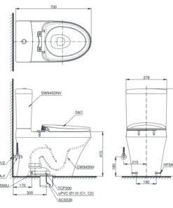Bản vẽ kĩ thuật của Bồn Cầu 2 Khối Nắp Rửa Điện Tử TOTO CS945DNW16#XW