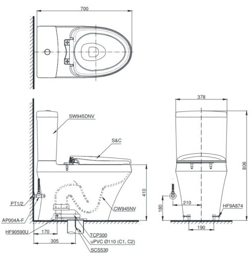 Bản vẽ kĩ thuật của Bồn Cầu 2 Khối Nắp Rửa Điện Tử TOTO CS945DNW16#XW