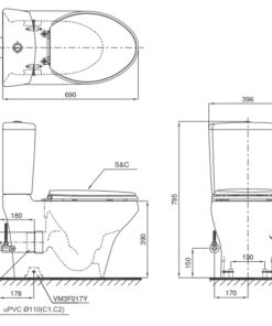 Bản vẽ kĩ thuật của Bồn cầu 2 khối TOTO CS945PDT3#XW