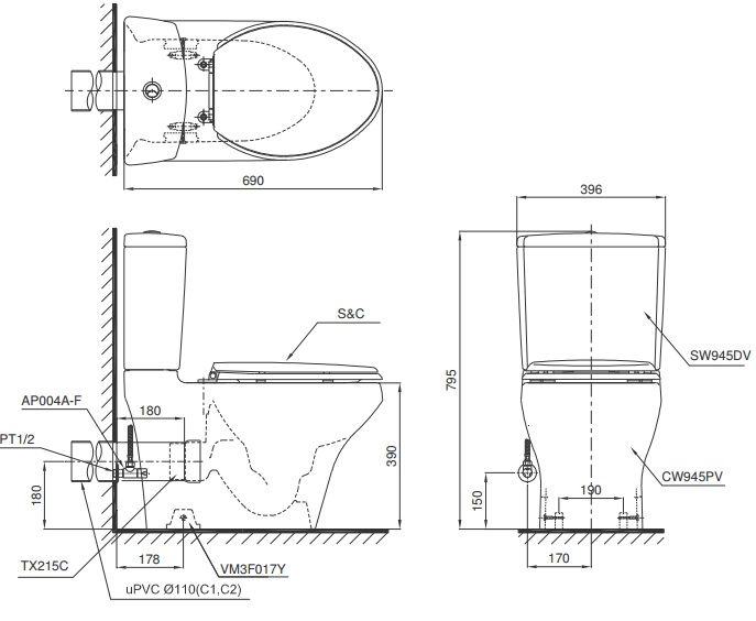 Bản vẽ kĩ thuật của Bồn cầu 2 khối TOTO CS945PDT3#XW