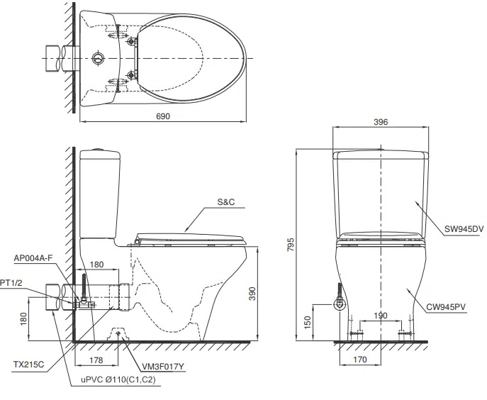 Bồn cầu 2 khối TOTO CS945PDT3#W