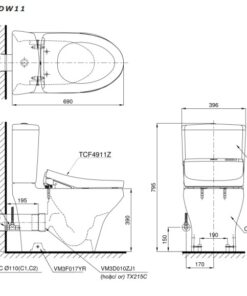 Bản vẽ kĩ thuật của Bồn Cầu 2 Khối Nắp Rửa Điện Tử TOTO CS945PDW11#W