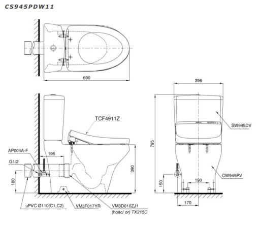 Bản vẽ kĩ thuật của Bồn Cầu 2 Khối Nắp Rửa Điện Tử TOTO CS945PDW11#W