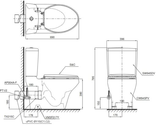 Bản vẽ kĩ thuật của Bồn Cầu 2 Khối Nắp Rửa Điện Tử TOTO CS945PDW14#XW