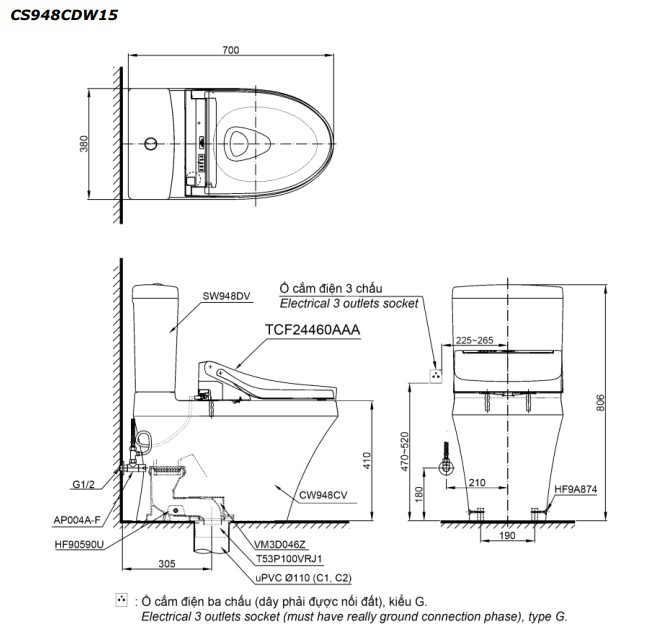 Bản vẽ kĩ thuật Bồn Cầu 2 Khối Nắp Rửa Điện Tử TOTO CS948CDW15#XW 