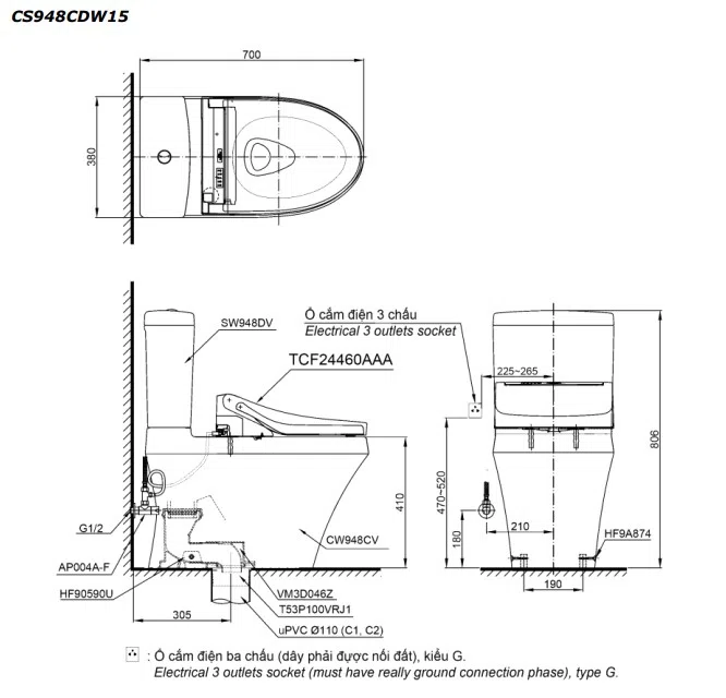 Bồn Cầu 2 Khối Nắp Rửa Điện Tử TOTO CS948CDW15#XW