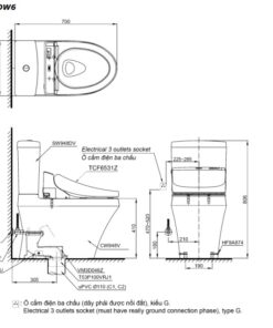 Bản vẽ kĩ thuật của Bàn Cầu 2 Khối Nắp Rửa Điện Tử TOTO CS948DW6#XW