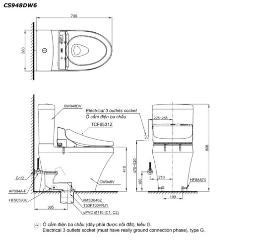 Bản vẽ kĩ thuật của Bàn Cầu 2 Khối Nắp Rửa Điện Tử TOTO CS948DW6#XW
