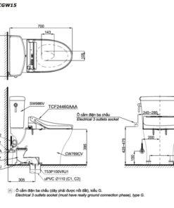 Bản vẽ kĩ thuật của Bồn Cầu 2 Khối Nắp Rửa Điện Tử TOTO CS986CGW15#XW