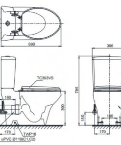 Bản vẽ kĩ thuật của Bồn Cầu 2 Khối Nắp Rửa Điện Tử TOTO CS945PDW16#W