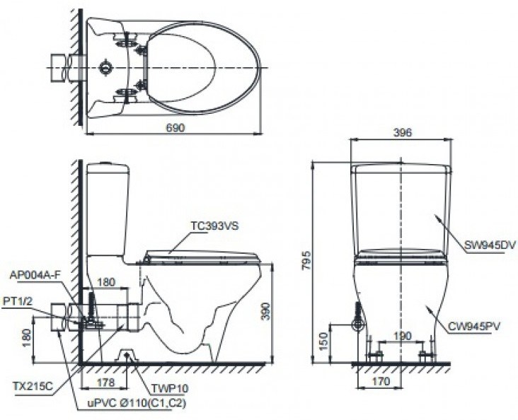 Bản vẽ kĩ thuật của Bồn Cầu 2 Khối Nắp Rửa Điện Tử TOTO CS945PDW16#W