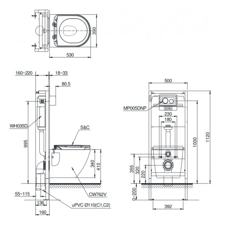 Bồn cầu treo tường TOTO CW762#XW/TC384CVK#W/WH035D/MB007DP